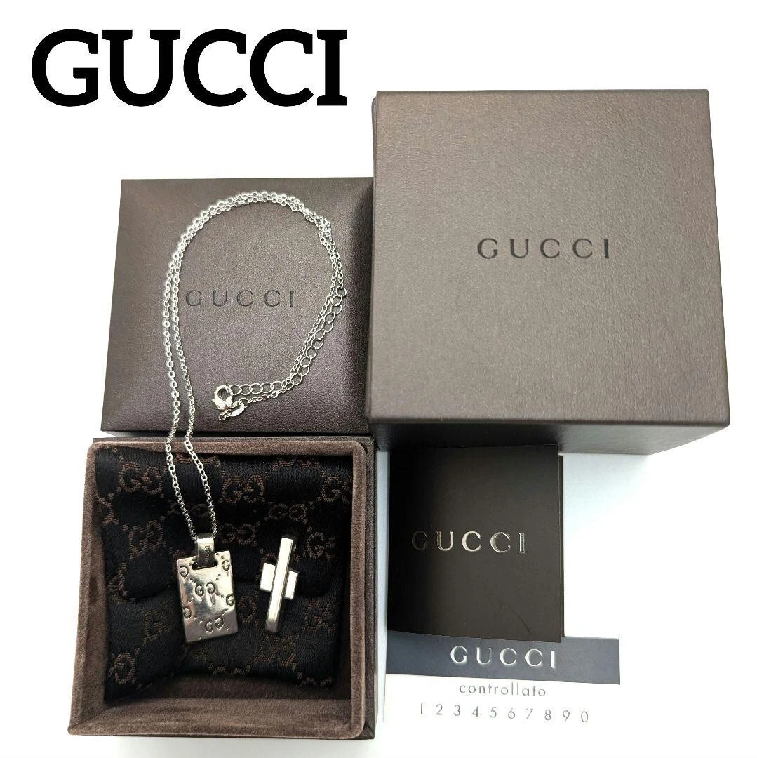 GUCCI Set Top Collana Argento Piatti Fantasma e Croci con Scatola Portaoggetti Catena