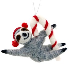 Sloth Ornament - Wool Sloth Candy Cane Christmas Ornament Animal Holiday Decor