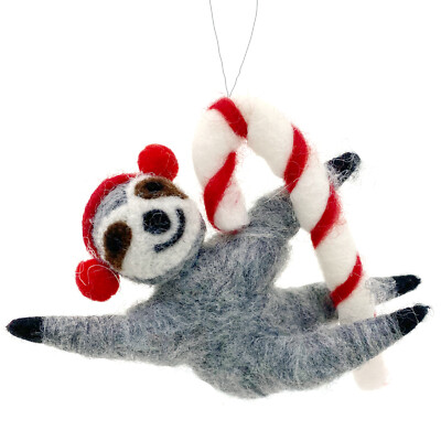 Sloth Ornament - Wool Sloth with Candy Cane Christmas Ornament Holiday Decor