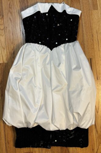 Vintage White & Black Satin Sequin Bubble Skirt Dress Party Prom Bow Size 10