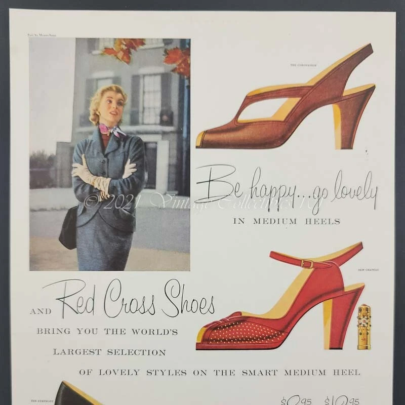 Zapatos Cruz Roja 1952 tacón medio moda bombas foto arte decoración vintage impresión anuncio Foto 3 de 4