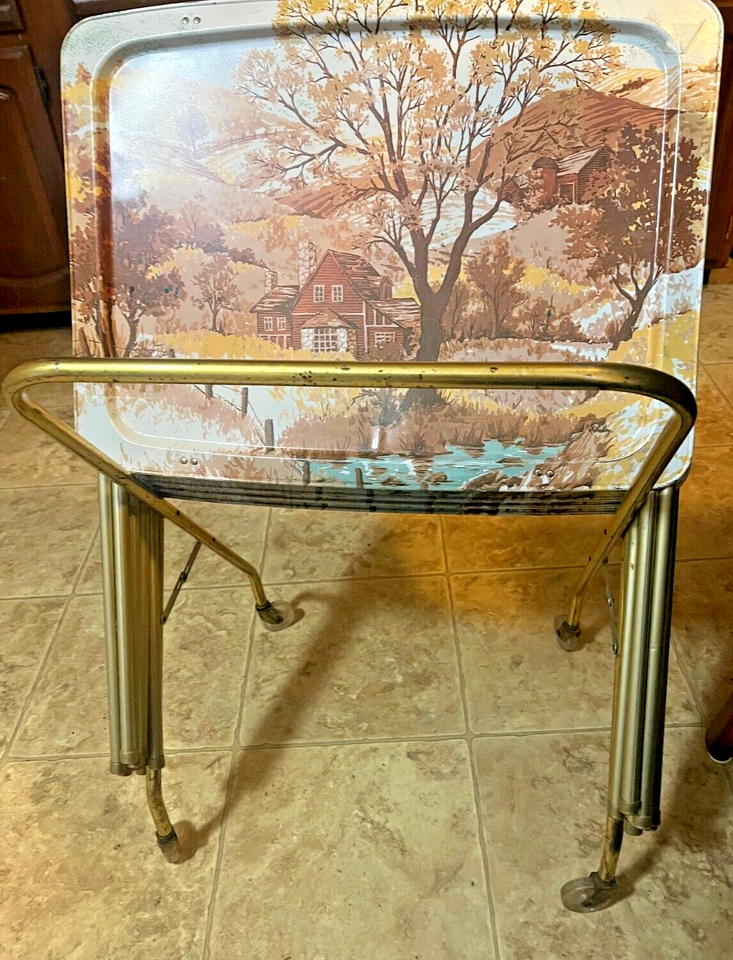 Vintage Quaker Set of 4 Tv Trays with rack " Hill N Dale" Landscape eBay