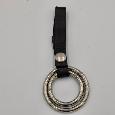 #ad Vtg Double Ring Baton Flashlight Holder Black Leather Steel brass Rings $18.00