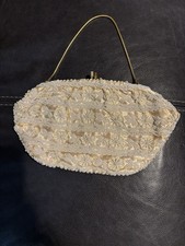 Beaded satin evening bag with floral embellishments and gold-tone chain handle