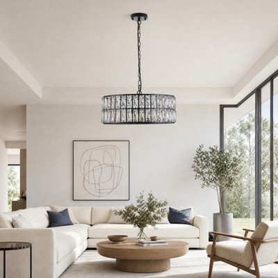 18 inch Modern Black Round Crystal Pendant Chandelier 6 Light Kitchen Fixture