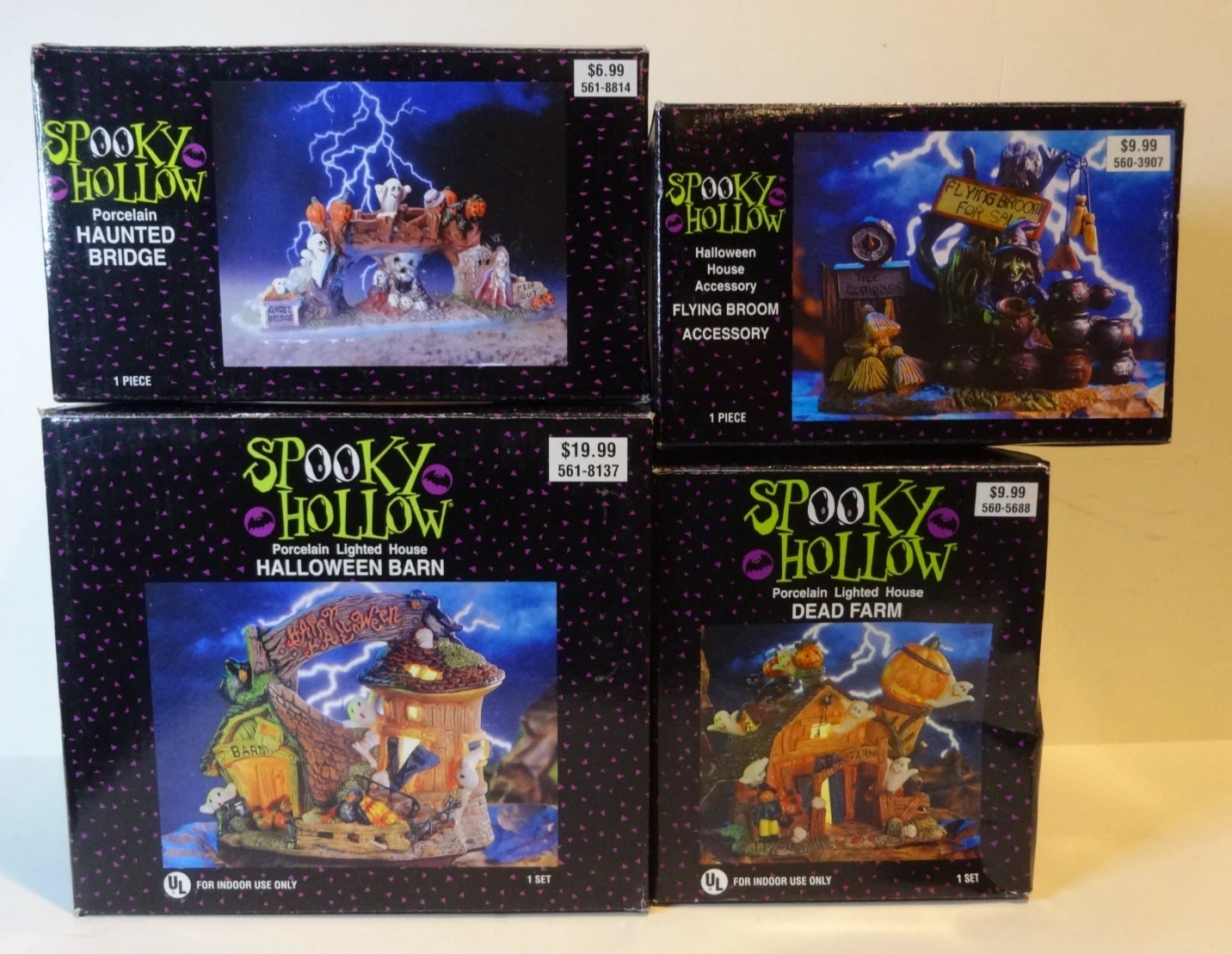 Vintage 2001 Lot x 4 Spooky Hollow Halloween Village Porcelain Lighted