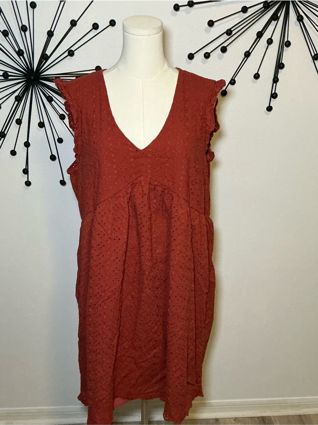 Knox Rose Rust Eyelet Babydoll Dress Ruffle Sleeve Boho XL