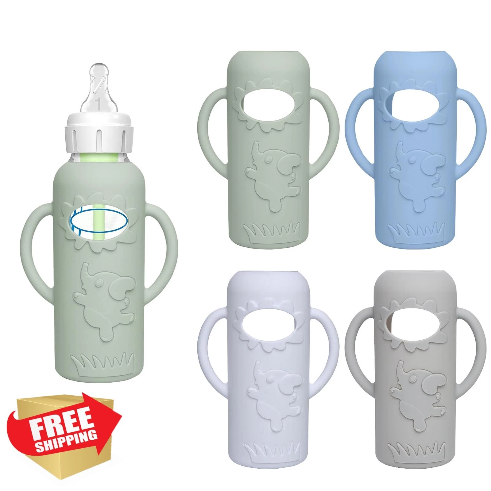 WAJIAYON 4pk Silicone Bottle Sleeves Dr Brown 8oz Blue Green White Grey
