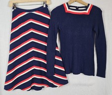 VTG 70s Knit 2-Piece Sweater A-Line XS Skirt Union Made Chevron Red White Navy