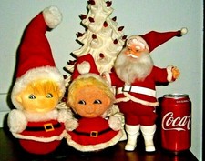 vtg CHRISTMAS 2 Santa BABY felt  Rubber face Santa Japan 1950's Rare