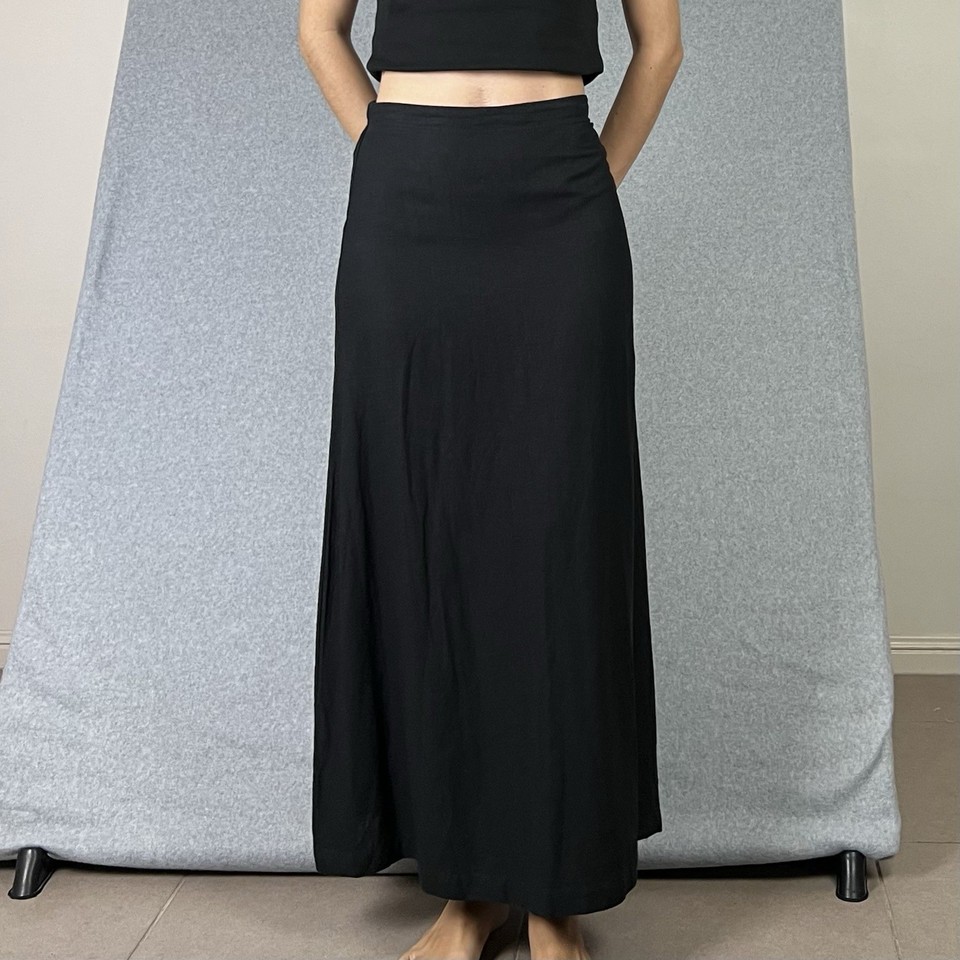 Black Maxi Skirt Womens 6 XS Linen Blend Elastic High Waisted Classic Minimalist