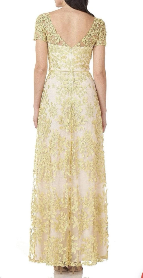 JS Collections - Illusion Neck Embroidered Mesh Dress Golden Yellow Nude Size 2 - Image 2 of 4