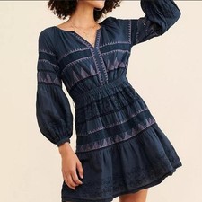 Anthropologie Skye Embroidered Mini Dress Blue Puff Sleeve Cotton Size Small