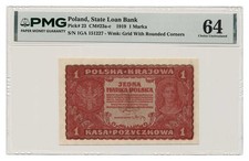POLEN Banknote 1 Marka 1919, Serie GA PMG Klasse MS 64 Wahl Stempelglanz