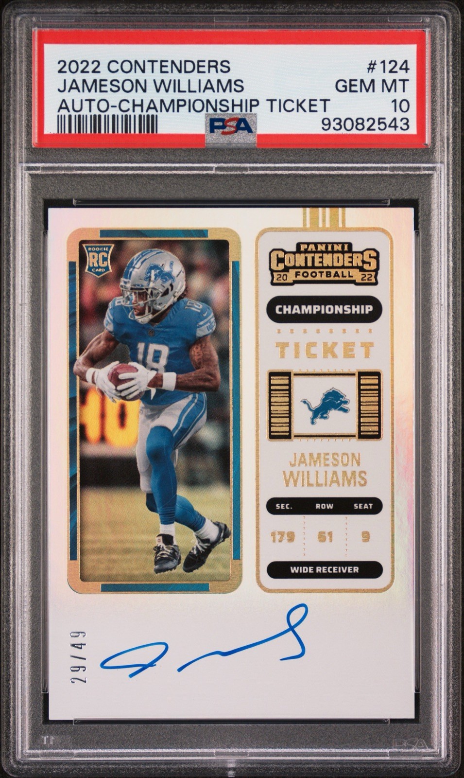 2022 Contenders Jameson Williams #124 Rookie Championship Ticket Auto /49 PSA 10