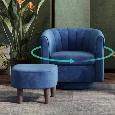 Swivel Accent Chair with Ottoman, Velvet Barrel Chair for Living Room, Blue