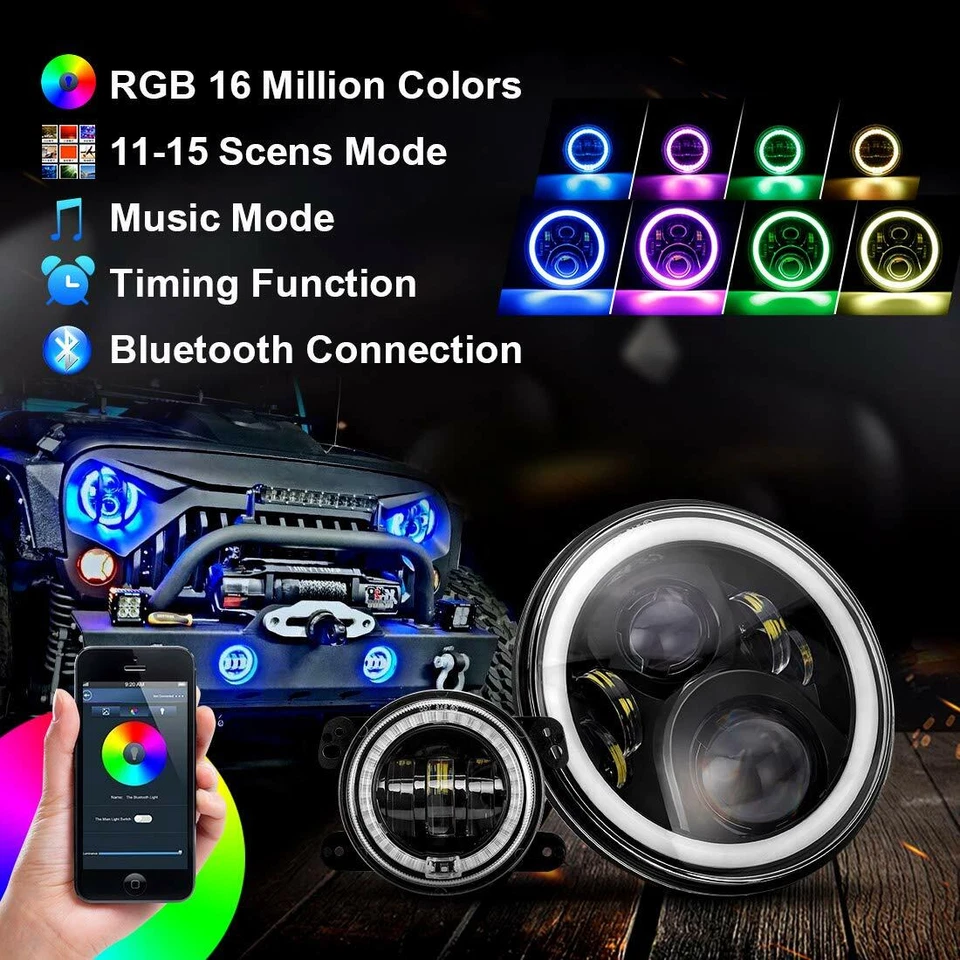Kit combinado de faros antiniebla LED RGB de 7"" para Jeep Wrangler JK Muti-Color APP Foto 3 de 4