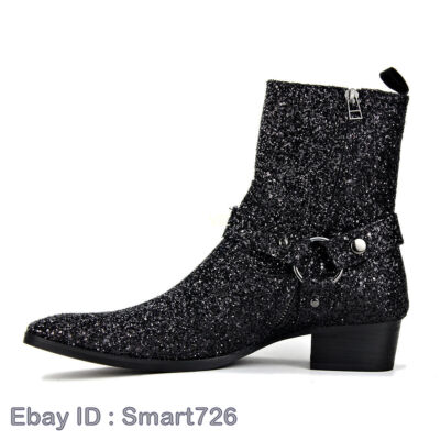 Mens Chukka Glitter Sequins Block Heel Zipper British Chelsea Boots Ankle Boots