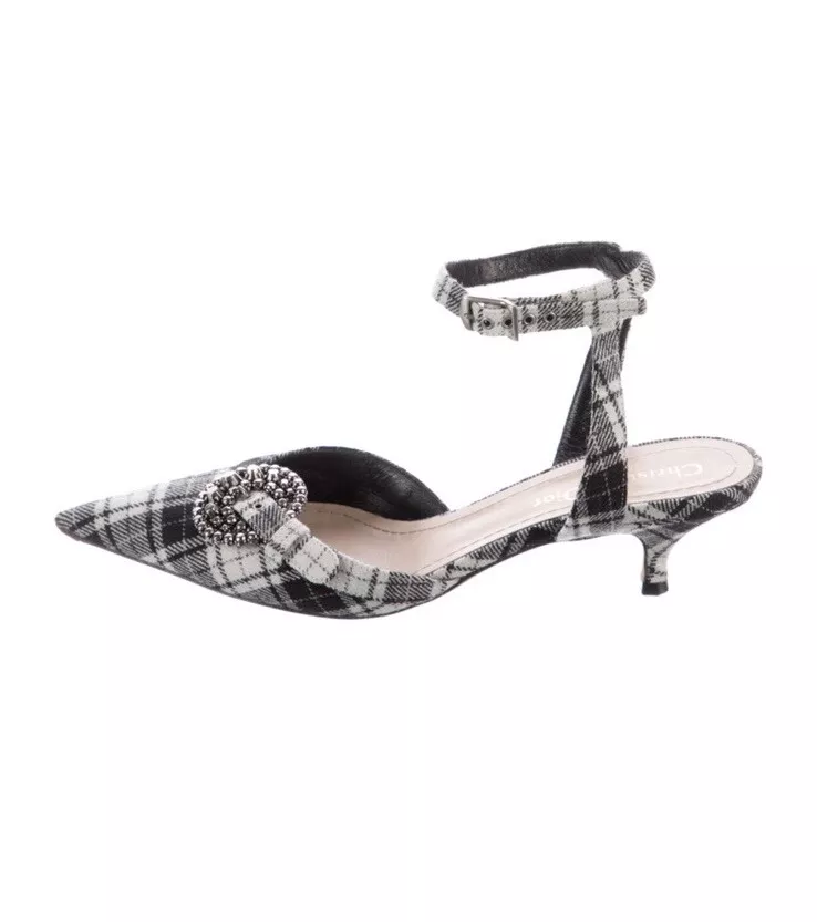 Christian Dior toile tartan gang bride cheville écharpe chaton talons taille 7 