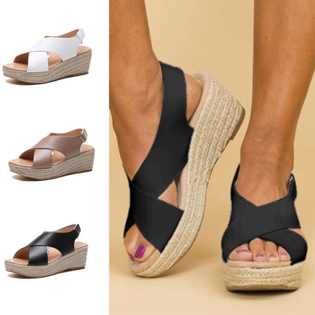 Ladies Women Platform Espadrilles Sandals Summer Beach Ankle Strap Peep Toe Shoe