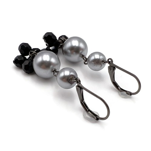 Silver Tone Bead & Black Glass Beaded Dangle Drop Lever Back Fashion Earrings - Picture 8 of 12