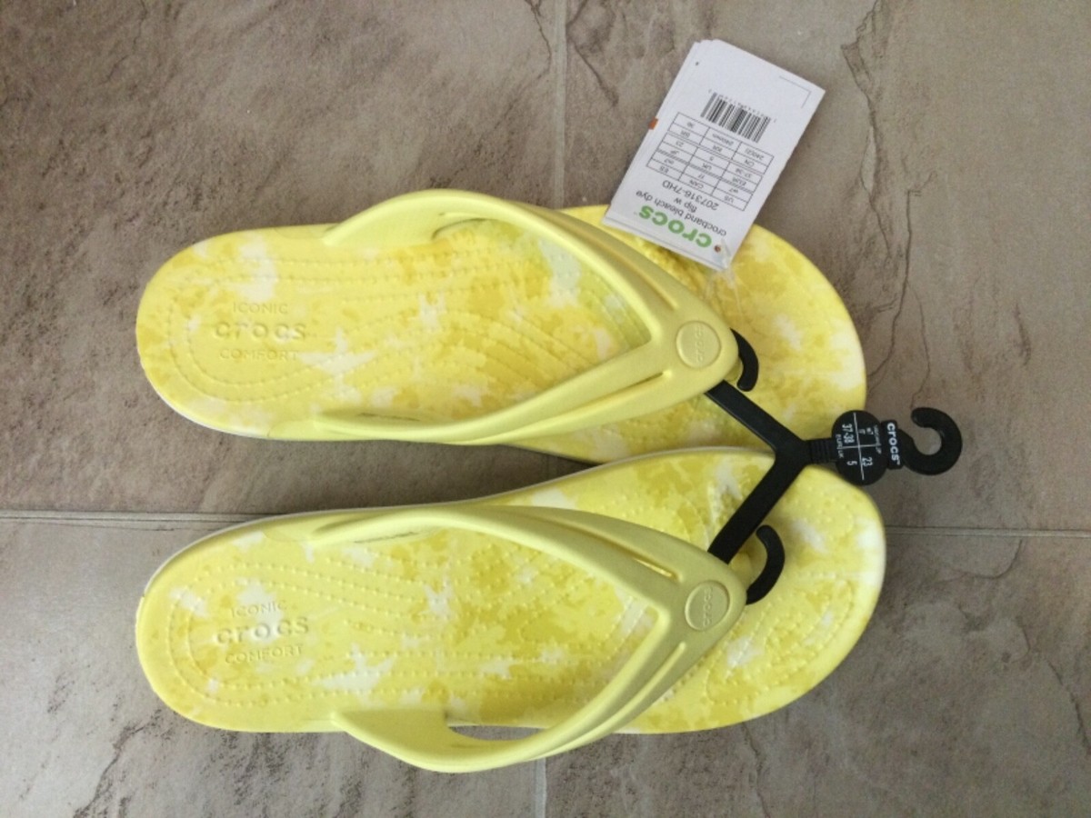 ウルフ New Crocs Crocband Yellow Bleach Dye Beach Thong Flip Flops