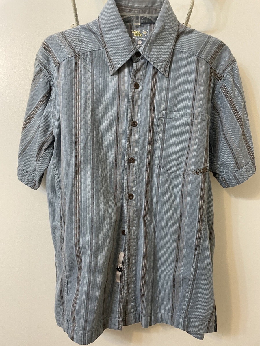 Mountain Hardware Shirt Gray Blue Stripe Mens Medium ButtonHiking