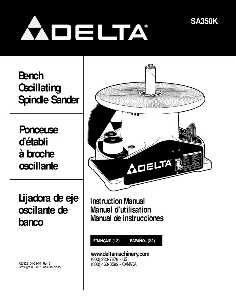 Delta SA350K Bench Oscillating Spindle Sander Instruction Manual eBay