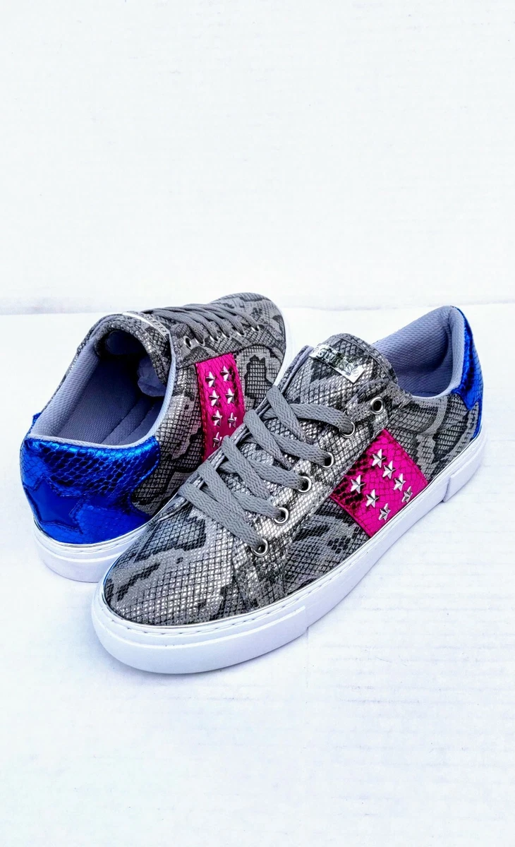 GUESS Womens GAMER Snake Print Electric Silver Pink Blue Sneakers