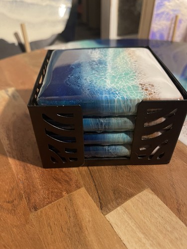 New 20” Lazy Susan Resin Ocean Waves Serving Tray and 4 Matching Coasters - Picture 10 of 12