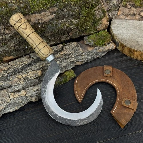 Small Garden Sickle with Sheath, 52100 Blade, Ash Handle, Herb Harvest Tool