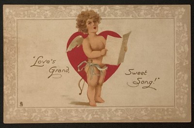 Cupid Singing Love is Grand Sweet Song Heart Vintage Tuck Postcard Posted