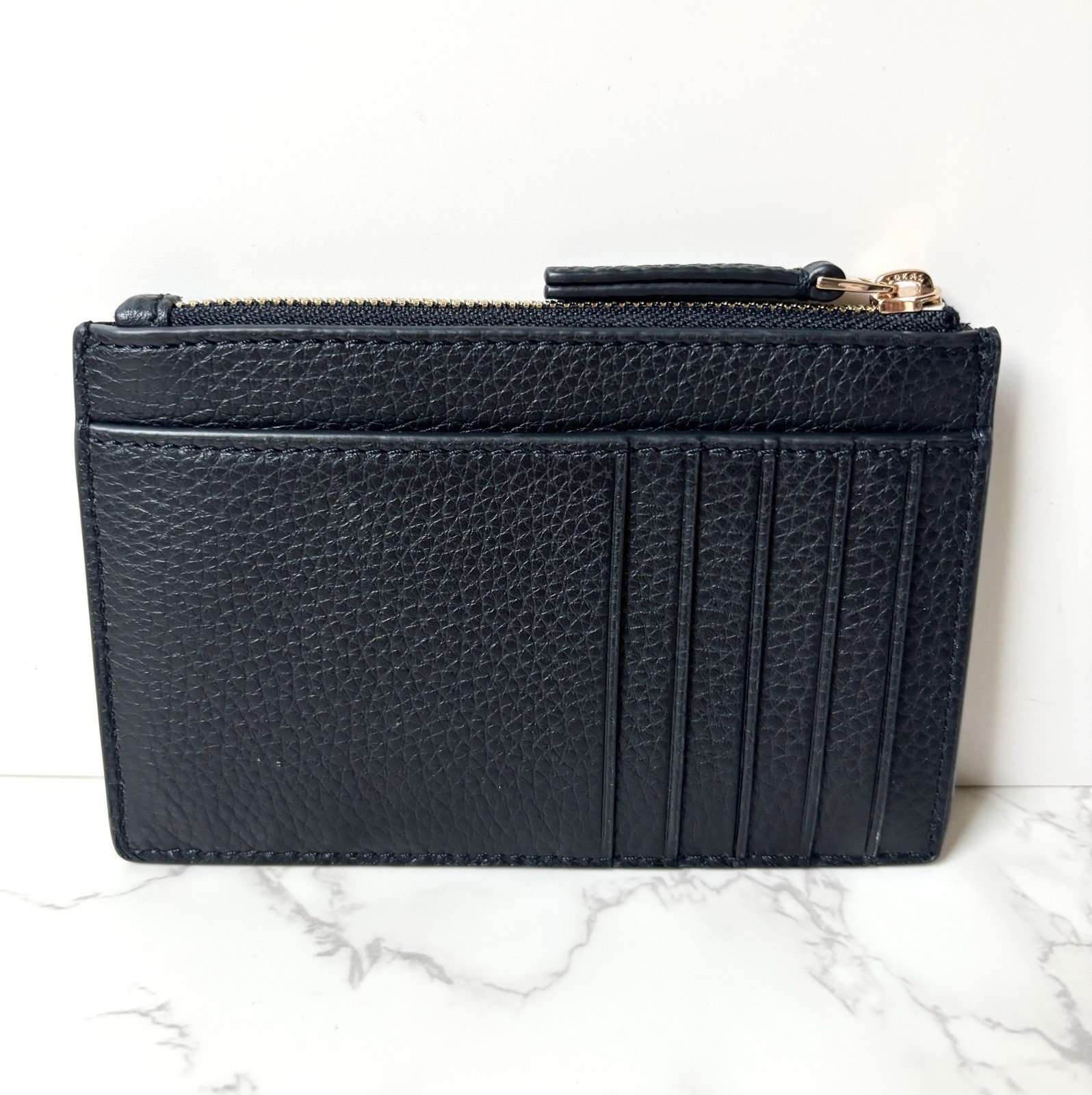 New Tory Burch Pebbled Leather Zip Card Case Wallet Black Gold Hardware thumbnail 6