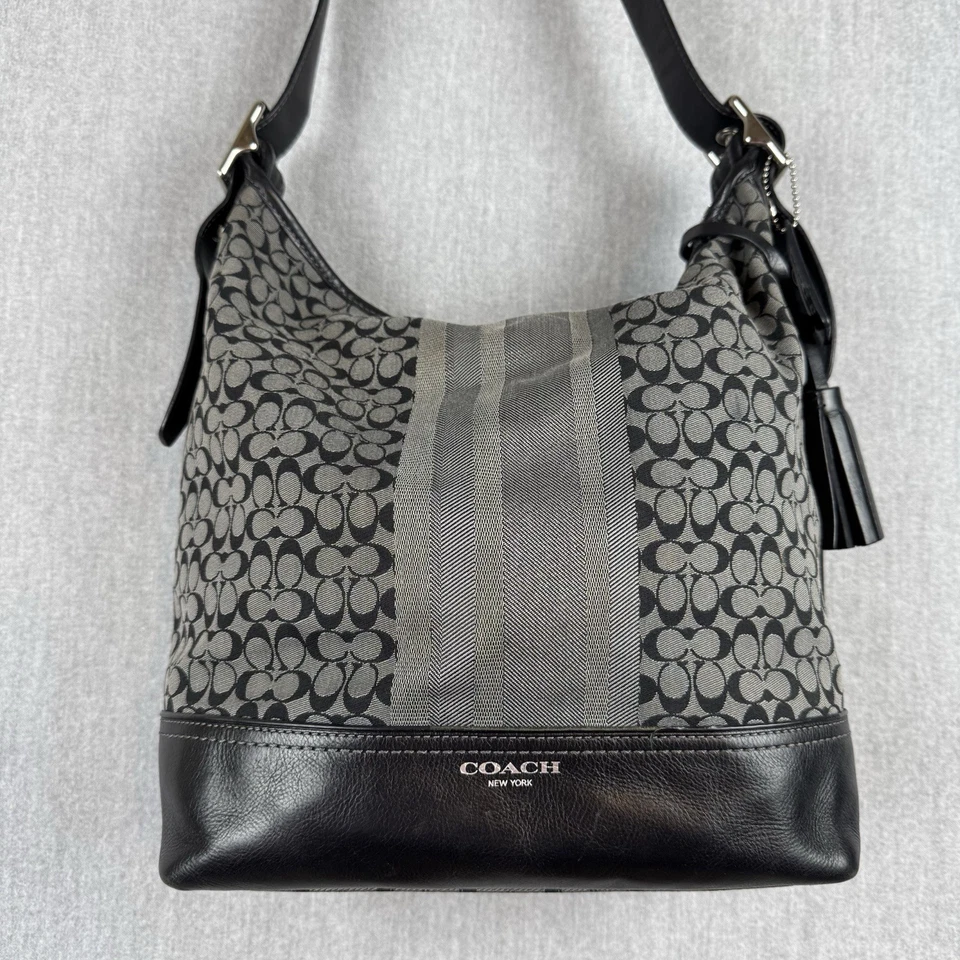 Bolso de Hombro Coach Legacy 19918 Negro Gris Firma Rayas Jacquard Lona Foto 3 de 4