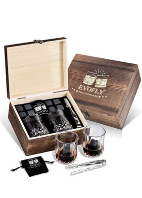 NEW Evofly Finest Whiskey Set - 8 Chilling Stones 2 Glasses Tongs Wood Box Gift