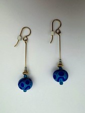 Blue Swirl Glass Lampwork Bead Long Dangle Drop Earrings Hook Closure 2  