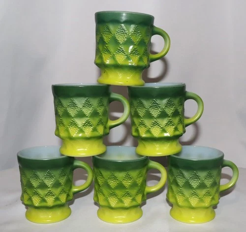 Set of 6 Vtg Fire King Anchor Hocking Kimberly Diamond Pattern Green Coffee Cups