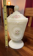 Fenton Hand Painted Custard Glass Candy Dish W/ Cover Pink Daisy Uranium Glass