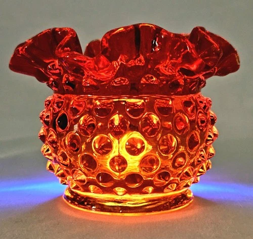 Fenton Hobnail Cranberry Red Glass Ruffled Rim ArtGlass Bowl Vase Candle Cadmium