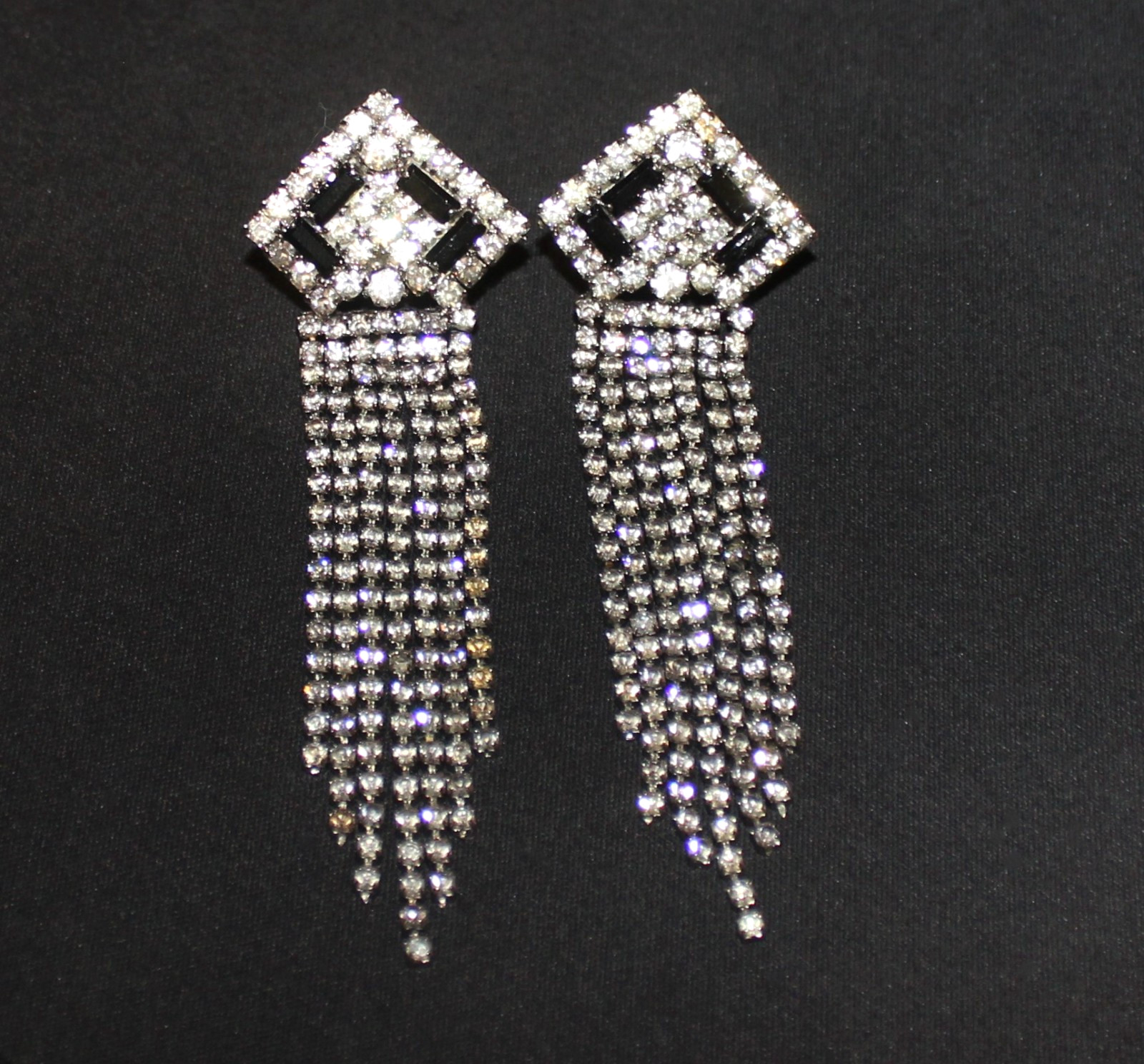 Vtg Art Deco Rhinestone & Onyx Dangle Fringe Earrings 4