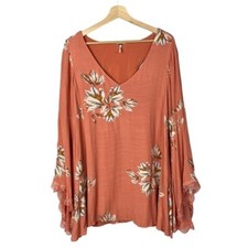 Free People Pink Orange Floral Long Sleeve Boho Shift Dress S