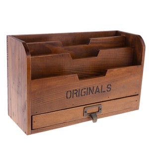 Vintage Rustic Wooden Office Desk Organizer Mail Rack For Desktop