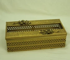 Vintage MCM Brass Tissue Box Cover Hollywood Regency Floral Filigree Goldtone