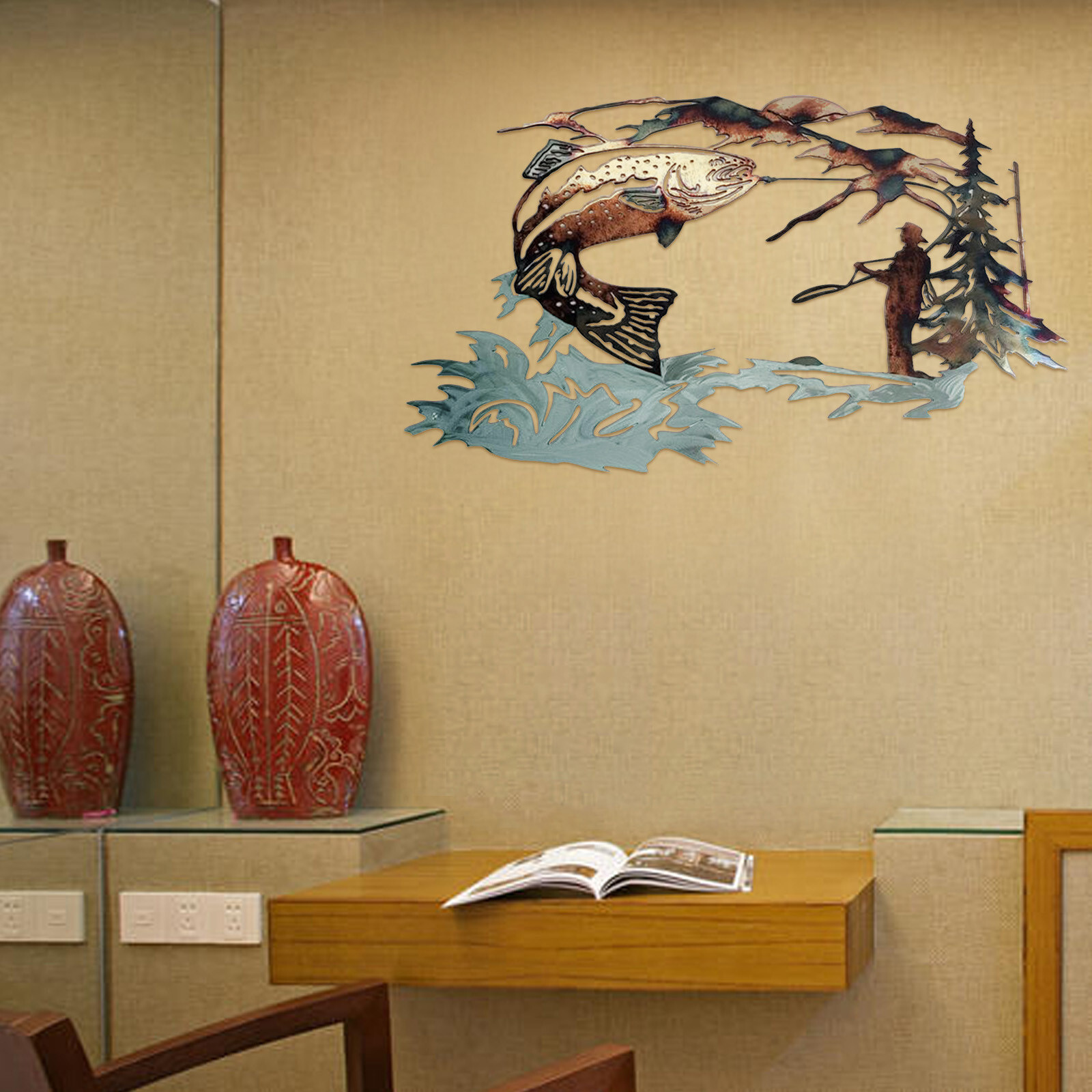 HUNTING & TROUT FISHING SCENE METAL WALL ART Target Ornament eBay