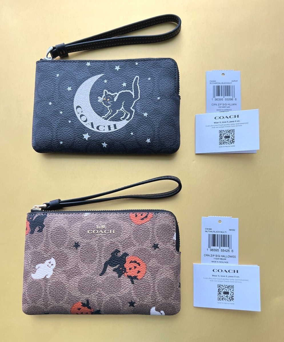 Coach Halloween Print Ghost Cat Signature Canvas Corner Zip