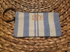 Mud Pie~Blue & Cream Stripe Clutch Bag~w/Large Wood Ring~Zipper~8.5”L X 5”H~JUTE