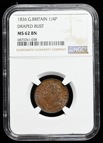 GREAT BRITAIN. George IV, Copper Farthing, 1826, NGC MS62 BN, Die clash