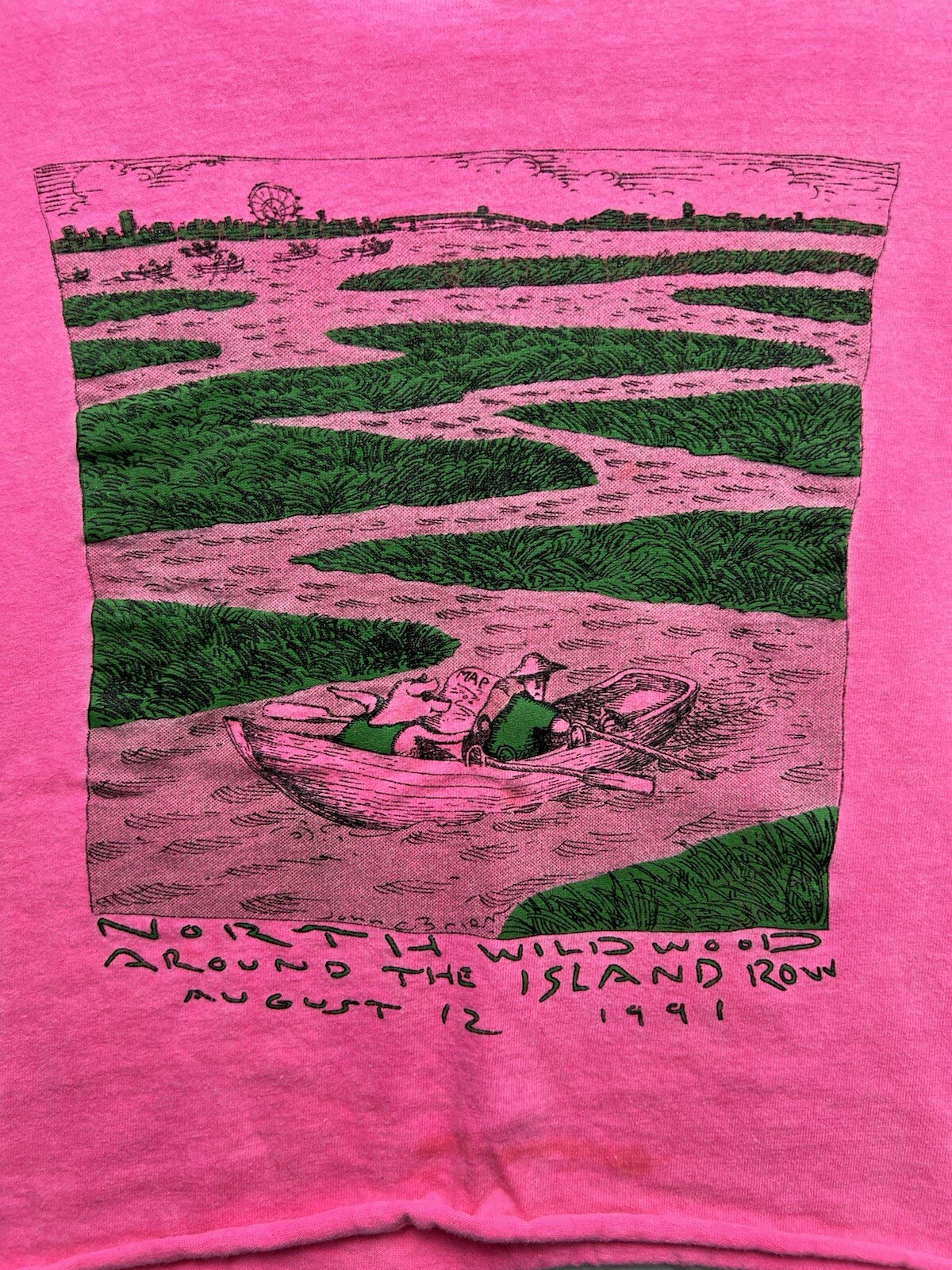 FILA T shirt vintage North Wildwood Around The Island Row 1991 rosa taglio punto singolo