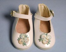 White Mary Jane Doll Shoes w/ Gold Tone Side Buckle with Tiny Flowers / One Pair