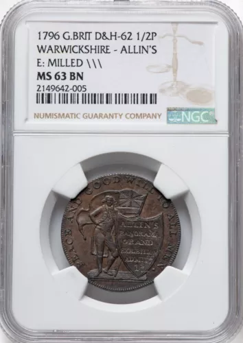 Great Britain - 1796 Warwickshire Allin's 1/2 Penny Token - NGC MS63 BN - SCARCE